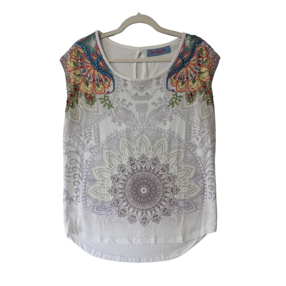 Desigual Womens Floral Sequence T shirt. Size Large Cap Sleeves White Multi - Picture 1 of 7